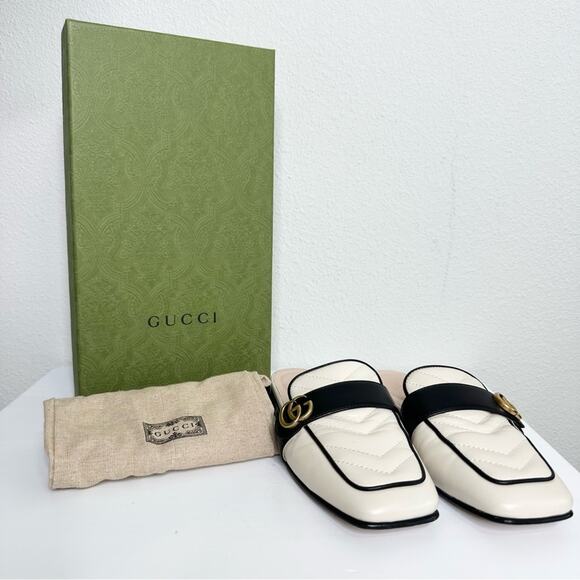 GUCCI Marmont GG Mules Size 37.5 Black and Cream Quilted Leather Sandals - Picture 11 of 11